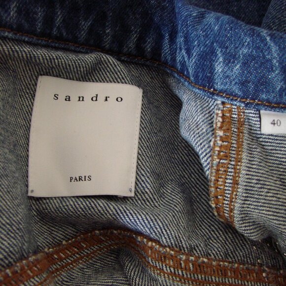 Sandro Denim Jean Jacket Pearl Embellished Lightning Bolt Size 42 FR or 10 - Picture 5 of 16